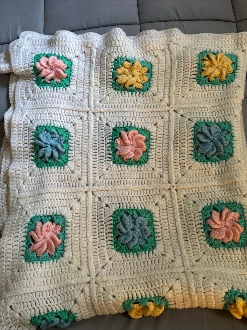 Handmade Cream Crochet Blanket with Pastel Flower Accents